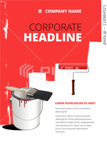 Paint roller and paint can creating red corporate headline on white background 118964321