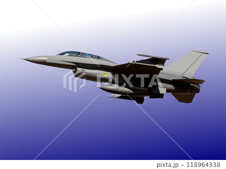 Modern military jet fighter aircraft flying in a blue sky 118964338