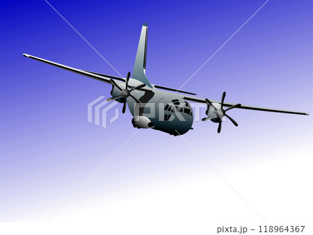 Turboprop military aircraft flying in a blue sky 118964367