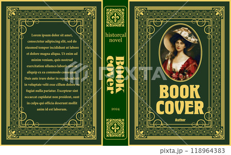 Elegant woman posing on historical novel book cover design Elegant woman posing on historical novel book cover design 118964383