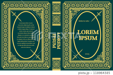 Ornate book cover design featuring swords and gold ornamentation Ornate book cover design featuring swords and gold ornamentation 118964385
