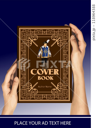 Two hands holding brown book cover with musketeer illustration 118964388