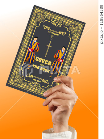 Publisher holding book cover with swiss guard illustration Publisher holding book cover with swiss guard illustration 118964389