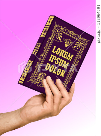 Writer is holding and showing a purple book with golden ornaments Writer is holding and showing a purple book with golden ornaments 118964391