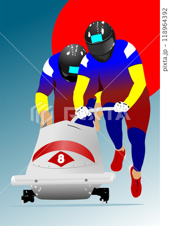 Two bobsleigh athletes pushing bobsleigh at start Two bobsleigh athletes pushing bobsleigh at start 118964392