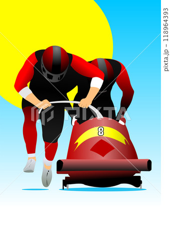 Two bobsleigh athletes pushing bobsleigh at start 118964393