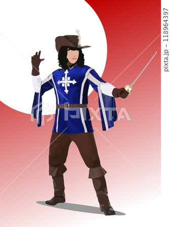 Musketeer is striking a pose with his sword raised Musketeer is striking a pose with his sword raised 118964397
