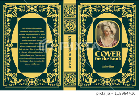 Elegant hardcover book cover design featuring a woman in a renaissance dress Elegant hardcover book cover design featuring a woman in a renaissance dress 118964410