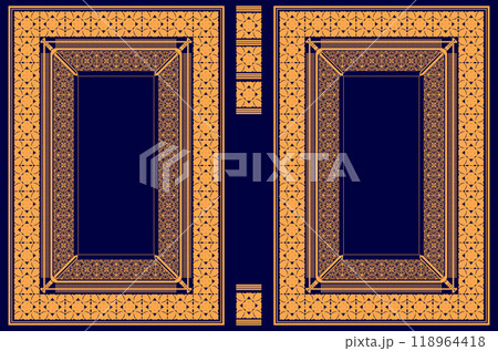 Elegant ornamental frame border featuring intricate geometric patterns on a navy blue background Elegant ornamental frame border featuring intricate geometric patterns on a navy blue background 118964418