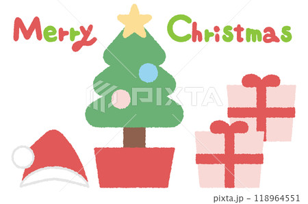 クリスマスのタイトルロゴとプレゼントとツリーとサンタ帽子のセットのクリスマスカード 118964551