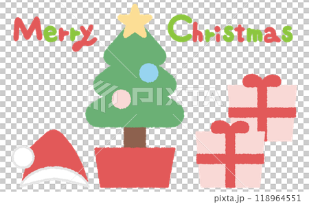 クリスマスのタイトルロゴとプレゼントとツリーとサンタ帽子のセットのクリスマスカード 118964551