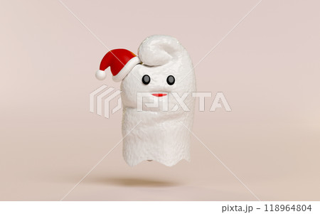3d cute monster, white cute ghost with santa claus hat isolated on cream background. 3d render illustration 118964804