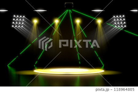 3d yellow empty podium with lighting equipment, laser light, spotlight shines, black background. 3d illustration render 3d yellow empty podium with lighting equipment, laser light, spotlight shines, black background. 3d illustration render 118964805
