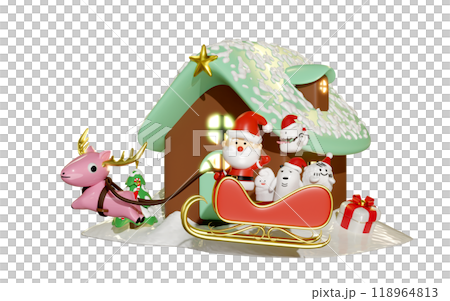 3d home with gift box, santa claus and cute monster friends, reindeer, sleigh, pine tree, merry christmas, happy new year, 3d render illustration 3d home with gift box, santa claus and cute monster friends, reindeer, sleigh, pine tree, merry christmas, happy new year, 3d render illustration 118964813