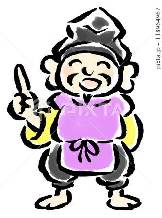 指差しポーズの恵比寿天（全身）　筆タッチ手描きイラスト 118964967