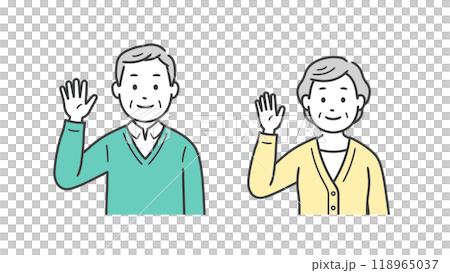 Upper body illustration of an elderly man and woman raising one hand to greet 118965037