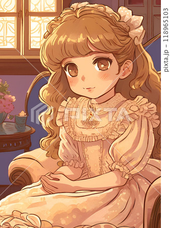 金色のウェーブヘアーの人形のような少女がソファーに座っているイラスト 118965103
