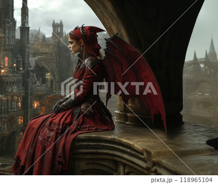A girl with wings sits on the edge of a roof. She is dressed in a red Gothic dress. Against the backdrop of an ancient Gothic city. 118965104