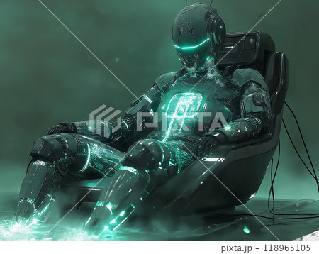 droid sitting on chair, glowing cables filled with circulating water, these cables come out chaotically from the droid's body and are powered by a pool on the ground, inspiration for a scene in a metr 118965105