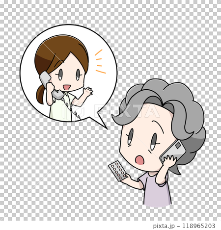 薬について電話で薬剤師に相談する高齢女性のイラスト 118965203