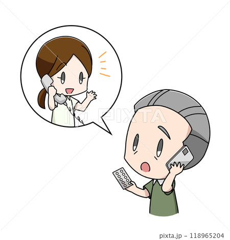 薬について電話で薬剤師に相談する高齢男性のイラスト 118965204