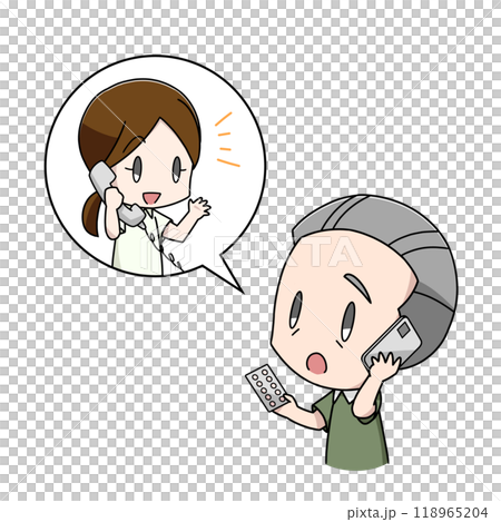 薬について電話で薬剤師に相談する高齢男性のイラスト 118965204