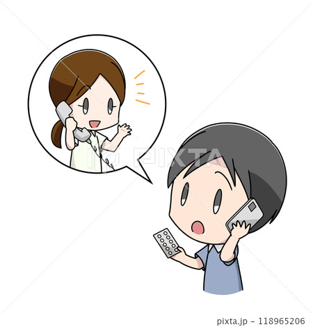 薬について電話で薬剤師に相談する男性のイラスト 118965206