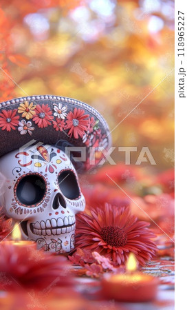 Colourful portrait skull and flowers for dia de los muertos, Day of the dead 118965227