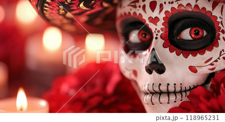 Colourful portrait skull and flowers for dia de los muertos, Day of the dead 118965231