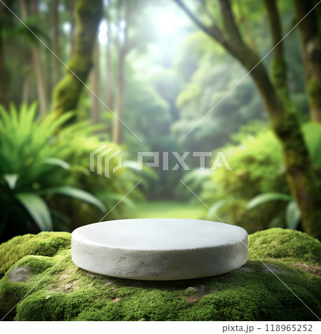 Natural stone podium forest background mockup. Round white rock on green moss for product mock up design. AI generated Natural stone podium forest background mockup. Round white rock on green moss for product mock up design. AI generated 118965252