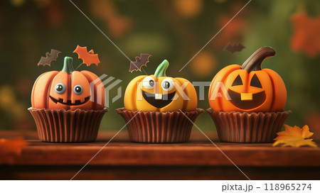 秋のスイーツ ハロウィンカボチャのカップケーキが並んだ背景 秋のスイーツ ハロウィンカボチャのカップケーキが並んだ背景 118965274