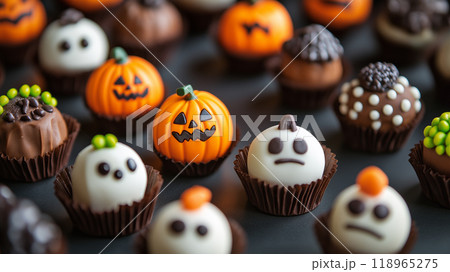 カップに入ったハロウィンチョコレートのミニスイーツ背景 118965275