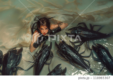 A girl in some strange liquid and she is attacked by monsters that look like big shrimps 118965307
