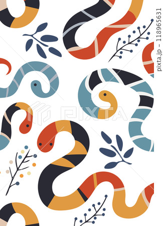 カラフルでかわいい蛇と植物のイラスト 118965631