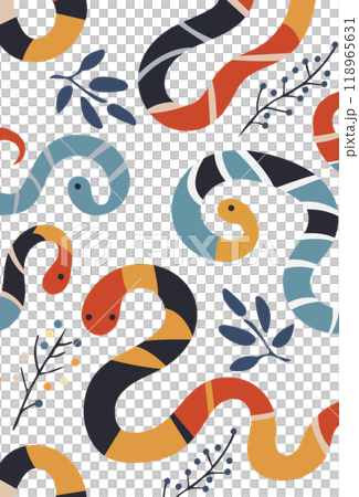 カラフルでかわいい蛇と植物のイラスト 118965631