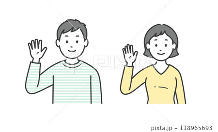 片手を上げて挨拶をする成人男女の上半身イラスト 118965693