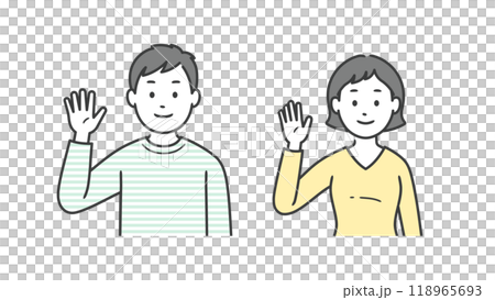 Upper body illustration of an adult man and woman raising one hand in greeting 118965693