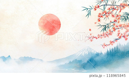 年賀状令和7年 謹賀新年 富士山と紅梅の年賀状テンプレート素材 日の出に輝く、梅の花と松の木 年賀状令和7年 謹賀新年 富士山と紅梅の年賀状テンプレート素材 日の出に輝く、梅の花と松の木 118965845