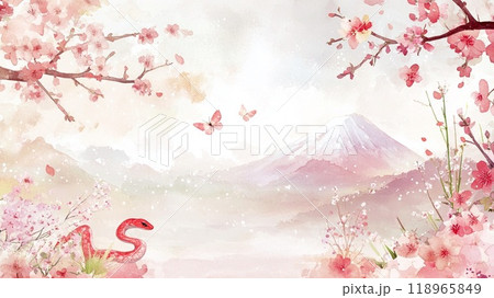 令和7年 謹賀新年 巳年 富士山と桜の年賀状テンプレート 令和7年 謹賀新年 巳年 富士山と桜の年賀状テンプレート 118965849