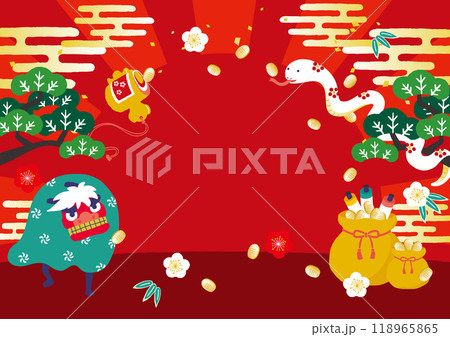 巳年　正月イメージイラスト　松の木に登るヘビ 118965865