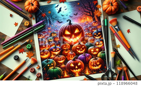 ハロウィンのかぼちゃとカラフルなカボチャ 118966048
