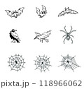 Bundle of Bats, Crow and Spiders Illustration, Halloween Witchcraft Elements, Outline Handdrawn Style 118966062