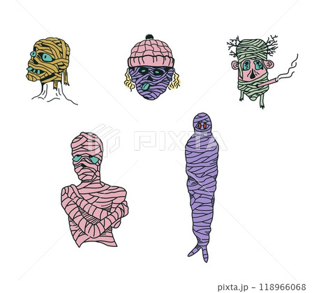 Bundle of Mummy Ghost Illustration, Halloween Colored Ghost Set, Colored Handdrawn Style Bundle of Mummy Ghost Illustration, Halloween Colored Ghost Set, Colored Handdrawn Style 118966068