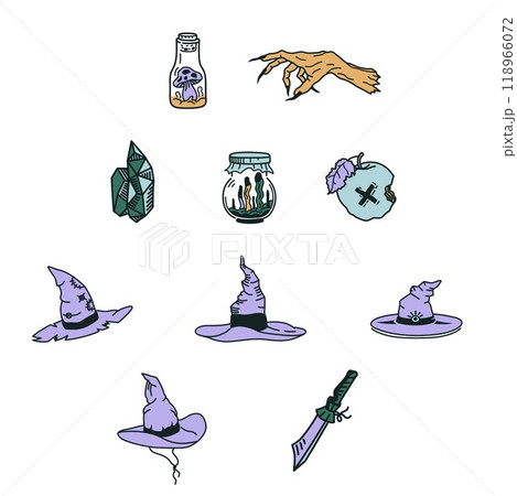 Bundle of Witches Night Illustration, Halloween Witchcraft, Magic Things Set, Colored Handdrawn Style Bundle of Witches Night Illustration, Halloween Witchcraft, Magic Things Set, Colored Handdrawn Style 118966072