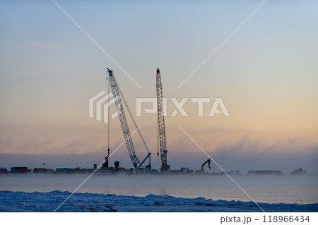 Construction Marine offshore works. Dam building, crane, barge, dredger. Breakwater construction. 118966434