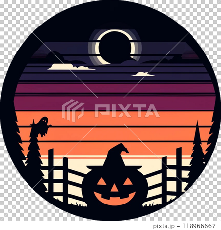 A simple illustration of a black cat, moon and stars on a full moon night 118966667