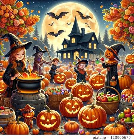 ハロウィン背景でカボチャのハロウィンパーティーを楽しむハロウィンのカボチャとハロウィン 118966670