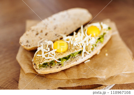vegetable bruschetta with quail eggs, cheese in a home kitchen vegetable bruschetta with quail eggs, cheese in a home kitchen 118967108