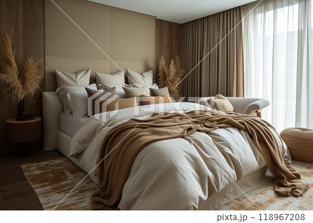 Bedroom with a bed, pillows, and a throw blanket. Cozy and inviting atmosphere 118967208