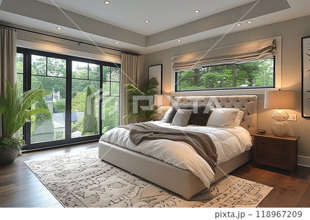 Modern minimal bedroom with a large bed, a rug, and a window. Apartment is well lit and has a cozy, inviting atmosphere 118967209
